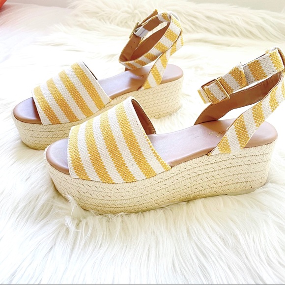 Yellow white platform espadrille wedge sandals - Picture 7 of 10